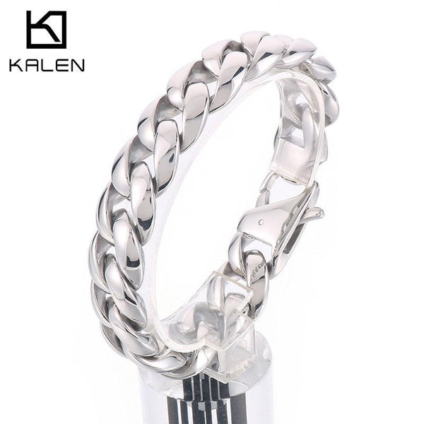 KALEN 18mm Fashion Punk Polished Stainless Steel Day Button Cuban Chain Men's Bracelet Party Gift.