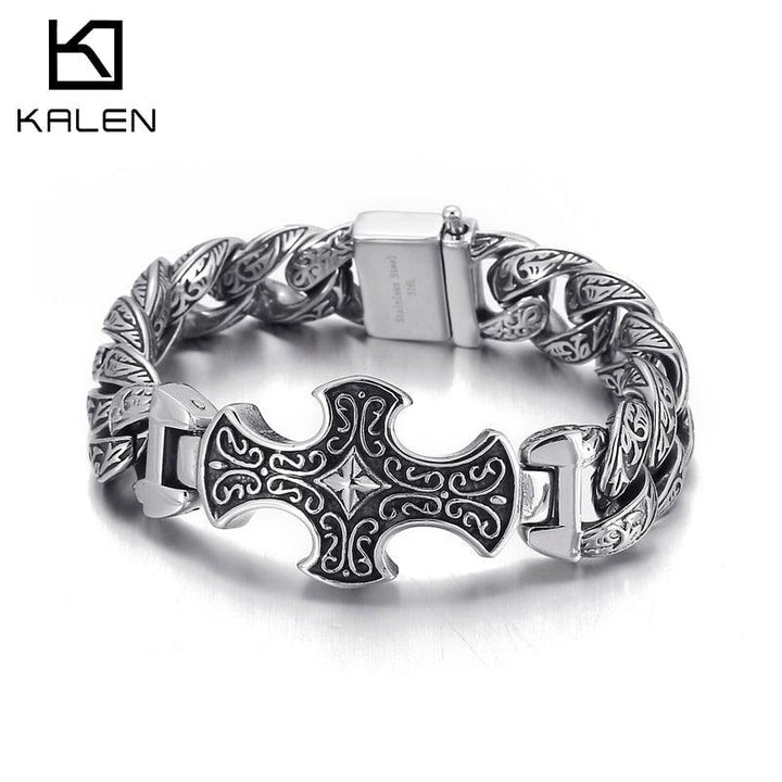 Kalen 18mm Totem Pattern Vintage  Cuban Bracelet Men's 316 Stainless Steel Rock Jewelry.