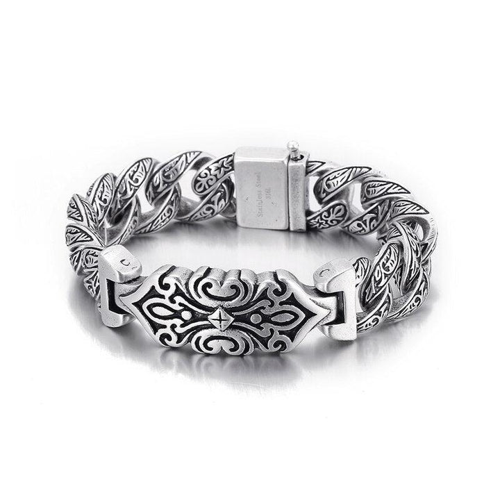 Kalen 18mm Totem Pattern Vintage  Cuban Bracelet Men's 316 Stainless Steel Rock Jewelry.