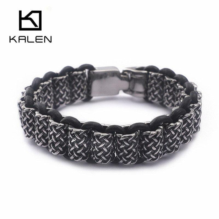 KALEN Vintage Black Leather Link Bracelets Men Stainless Steel Rectangle Box Chain Wristband Bracelet Homme Hip Hop Jewelry.