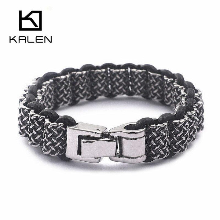 KALEN Vintage Black Leather Link Bracelets Men Stainless Steel Rectangle Box Chain Wristband Bracelet Homme Hip Hop Jewelry.