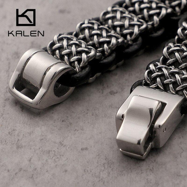 KALEN Vintage Black Leather Link Bracelets Men Stainless Steel Rectangle Box Chain Wristband Bracelet Homme Hip Hop Jewelry.