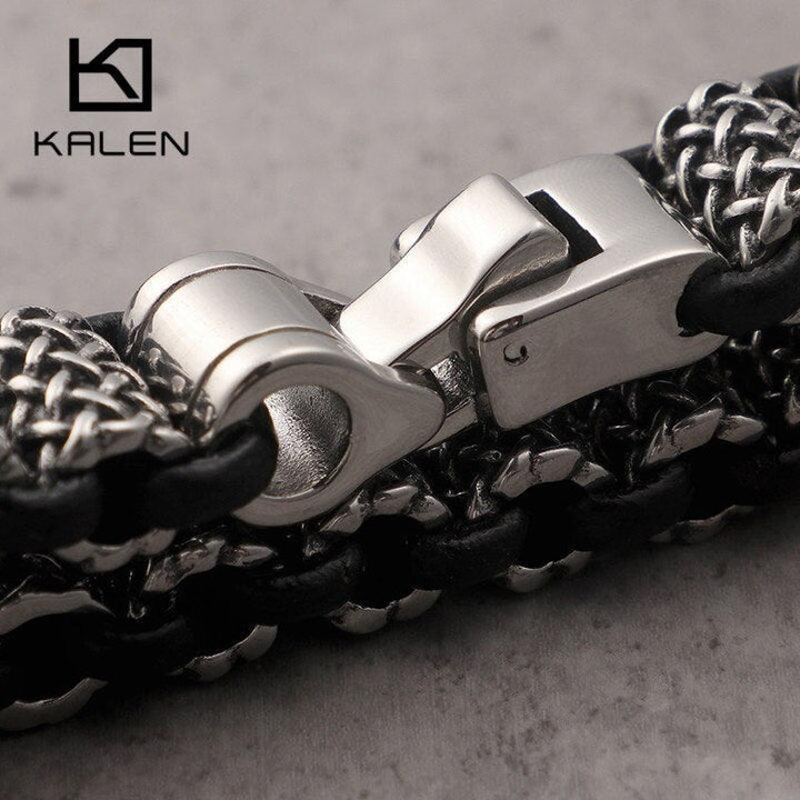 KALEN Vintage Black Leather Link Bracelets Men Stainless Steel Rectangle Box Chain Wristband Bracelet Homme Hip Hop Jewelry.