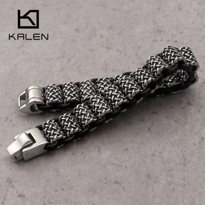 KALEN Vintage Black Leather Link Bracelets Men Stainless Steel Rectangle Box Chain Wristband Bracelet Homme Hip Hop Jewelry.