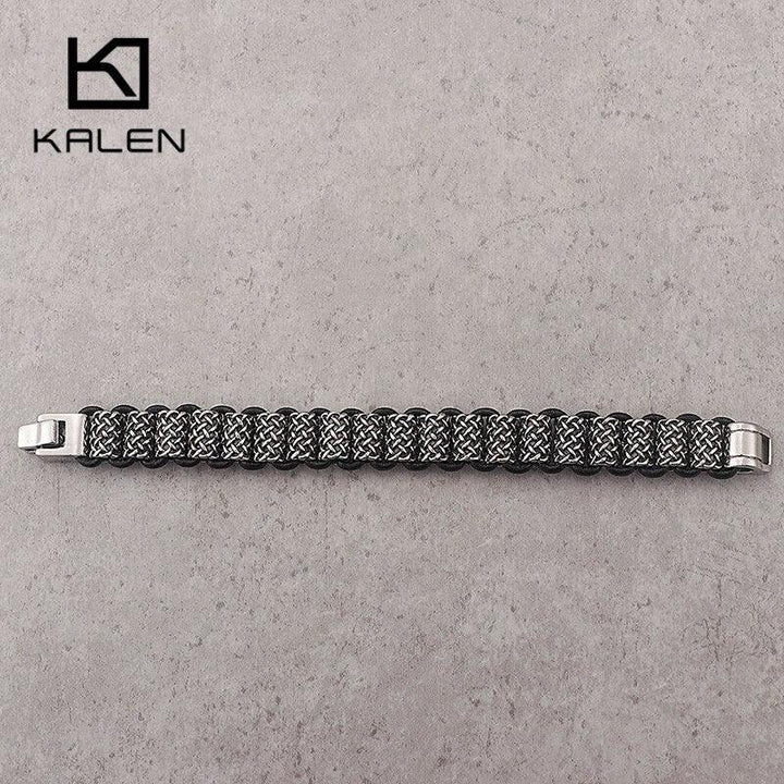 KALEN Vintage Black Leather Link Bracelets Men Stainless Steel Rectangle Box Chain Wristband Bracelet Homme Hip Hop Jewelry.