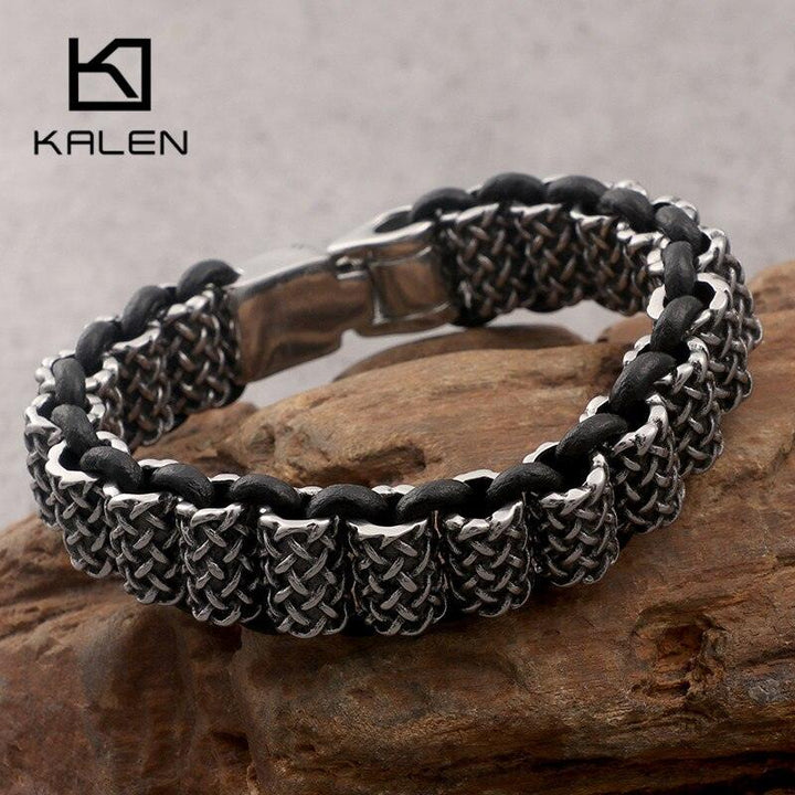 KALEN Vintage Black Leather Link Bracelets Men Stainless Steel Rectangle Box Chain Wristband Bracelet Homme Hip Hop Jewelry.