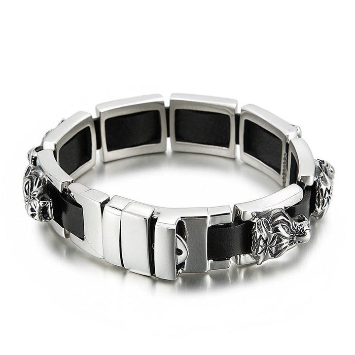 Kalen 19mm Leather Stainless Steel Tiger Animal Charm Bracelet For Men - kalen