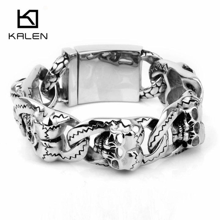 Kalen 20cm Stainless Steel Heavy Chunky Link Chain Men's Bracelets Punk Rock Double Skull Head Charms Bracelet Jewelry Accessory.