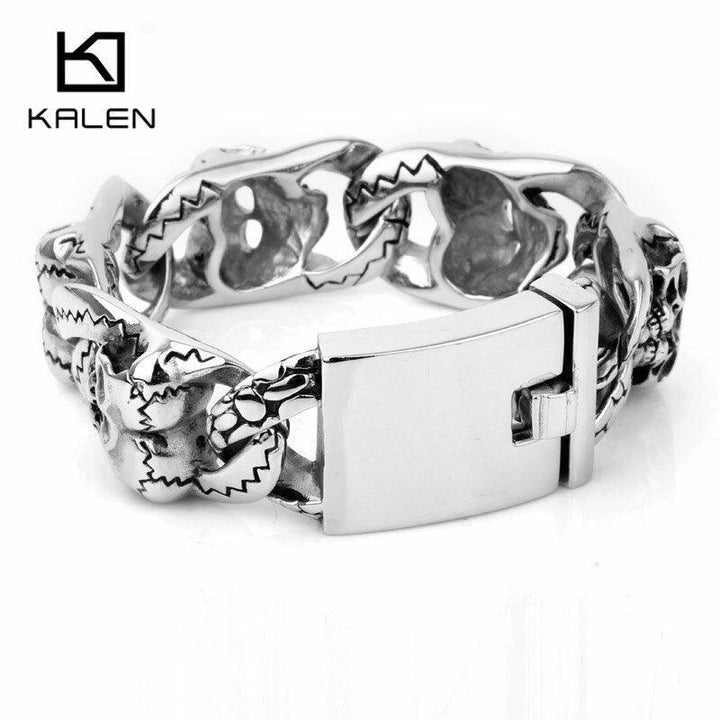 Kalen 20cm Stainless Steel Heavy Chunky Link Chain Men's Bracelets Punk Rock Double Skull Head Charms Bracelet Jewelry Accessory.