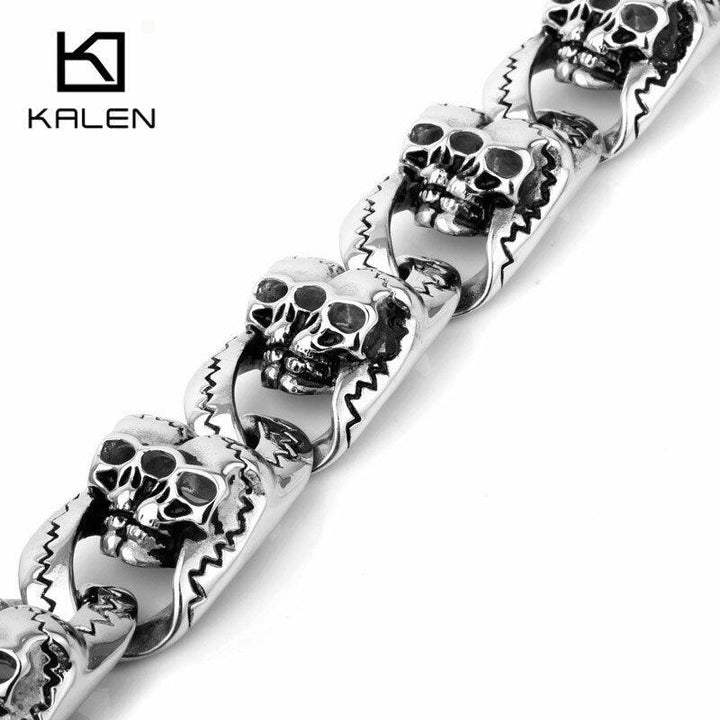 Kalen 20cm Stainless Steel Heavy Chunky Link Chain Men's Bracelets Punk Rock Double Skull Head Charms Bracelet Jewelry Accessory.