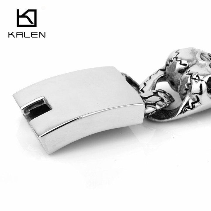 Kalen 20cm Stainless Steel Heavy Chunky Link Chain Men's Bracelets Punk Rock Double Skull Head Charms Bracelet Jewelry Accessory.