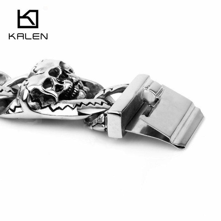 Kalen 20cm Stainless Steel Heavy Chunky Link Chain Men's Bracelets Punk Rock Double Skull Head Charms Bracelet Jewelry Accessory.