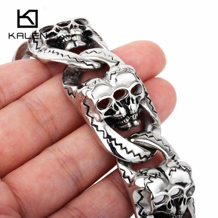 Kalen 20cm Stainless Steel Heavy Chunky Link Chain Men's Bracelets Punk Rock Double Skull Head Charms Bracelet Jewelry Accessory.