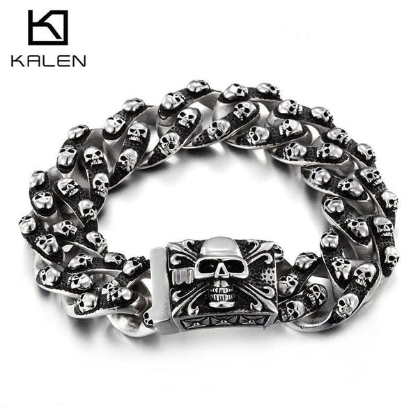 KALEN 20mm Cuban Chain Skull Charm Stainless Steel Bracelet for Men - kalen