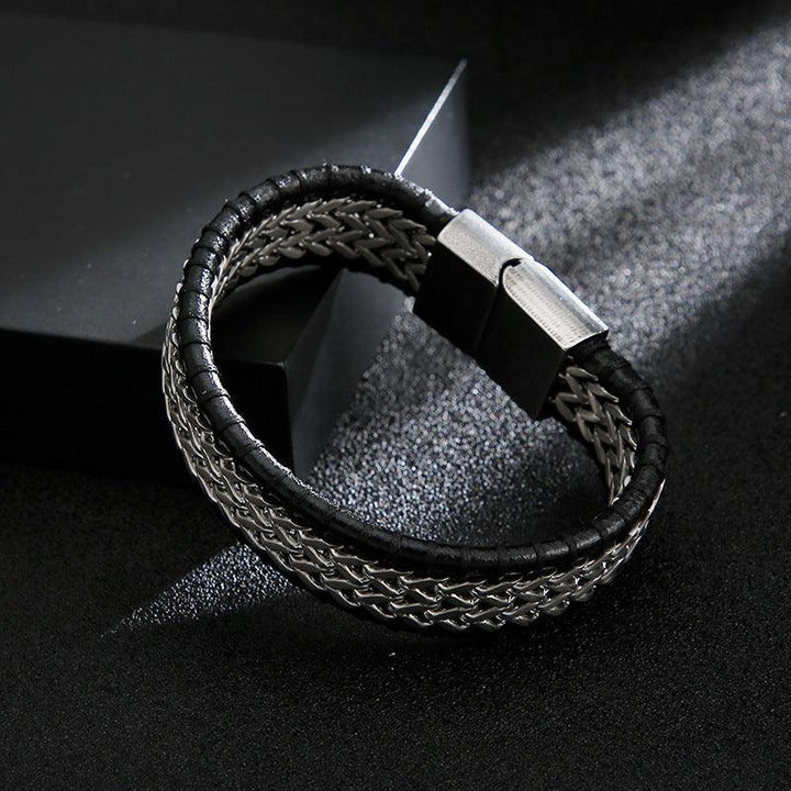 Kalen 20mm Leather Foxtail Chain Stainless Steel Bracelet For Men - kalen