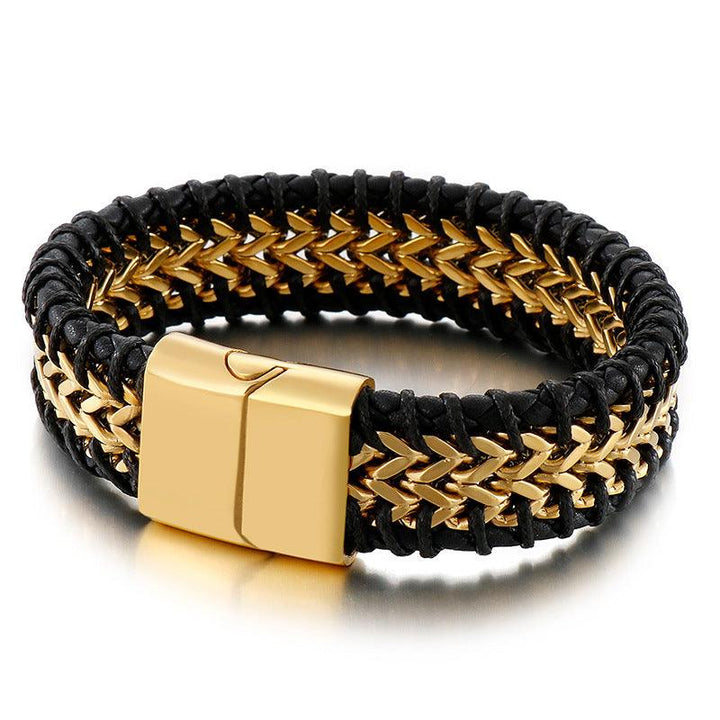 Kalen 20mm Leather Foxtail Chain Stainless Steel Bracelet For Men - kalen