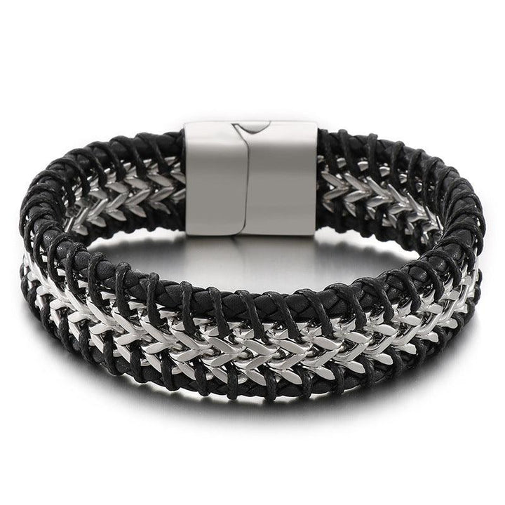 Kalen 20mm Leather Foxtail Chain Stainless Steel Bracelet For Men - kalen