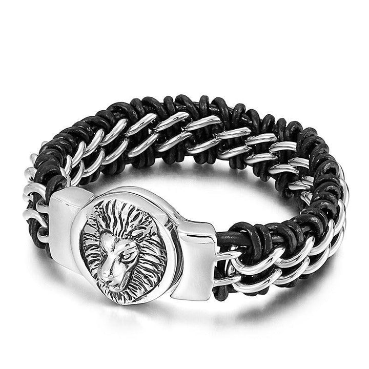 Kalen 20mm Leather Stainless Steel Lion Animal Charm Bracelet For Men - kalen