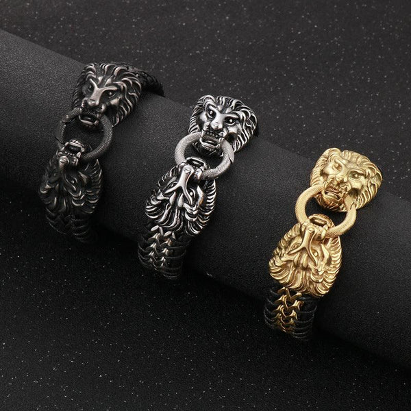 Kalen 20mm Leather Stainless Steel Lion Animal Charm Bracelet For Men - kalen