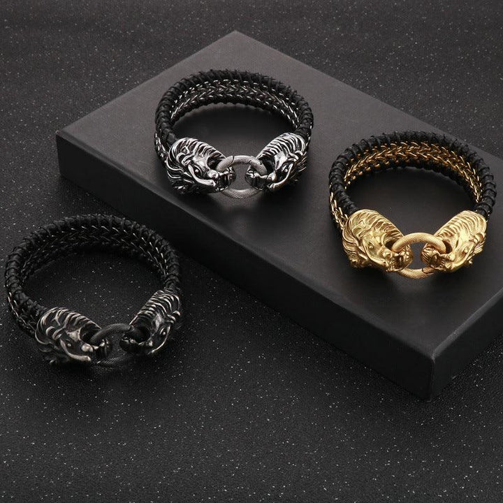 Kalen 20mm Leather Stainless Steel Lion Animal Charm Bracelet For Men - kalen