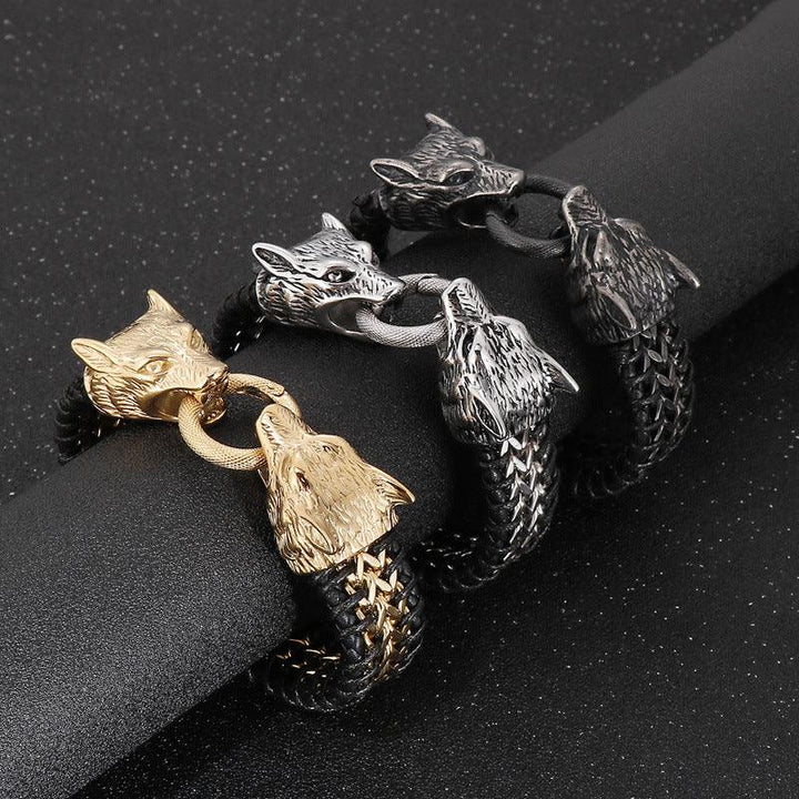 Kalen 20mm Leather Stainless Steel Wolf Animal Charm Bracelet For Men - kalen