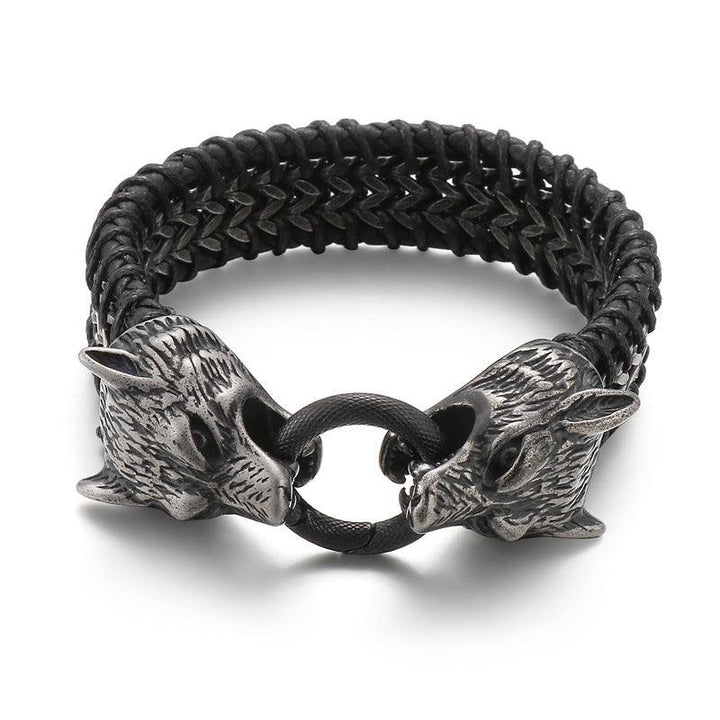 Kalen 20mm Leather Stainless Steel Wolf Animal Charm Bracelet For Men - kalen