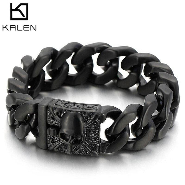 Kalen 20mm Wide Black Vintage Men's Texture Bracelet Skull Cuban Chain Jewelry Armband.