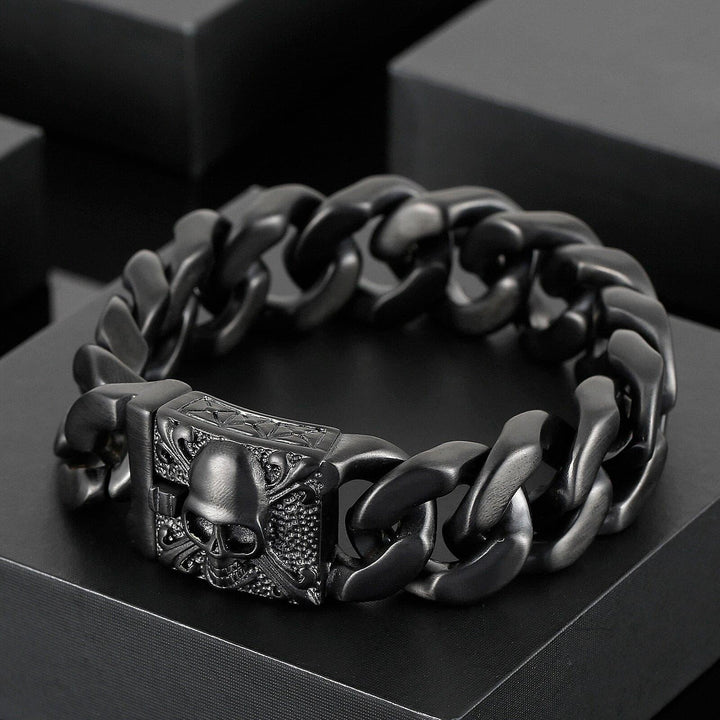 Kalen 20mm Wide Black Vintage Men's Texture Bracelet Skull Cuban Chain Jewelry Armband.