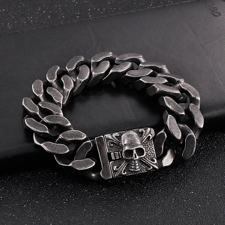 Kalen 20mm Wide Black Vintage Men's Texture Bracelet Skull Cuban Chain Jewelry Armband.