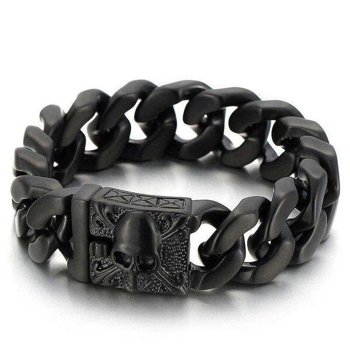 Kalen 20mm Wide Black Vintage Men's Texture Bracelet Skull Cuban Chain Jewelry Armband.