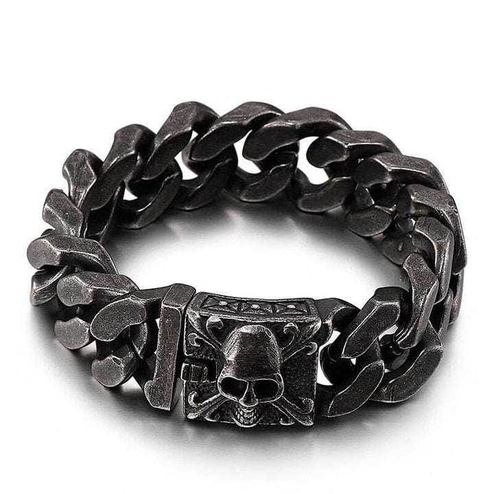 Kalen 20mm Wide Black Vintage Men's Texture Bracelet Skull Cuban Chain Jewelry Armband.