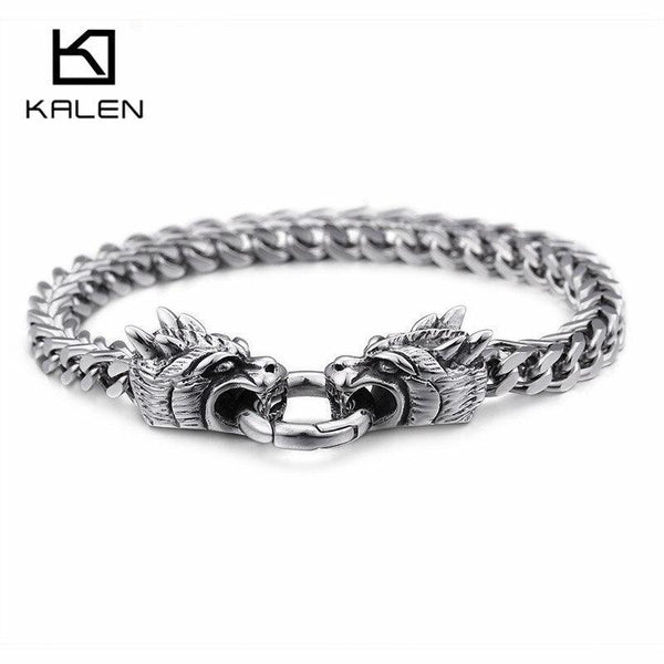 KALEN 22.5cm Domineering Animal Dragon Heads Charm Bracelets For Men Punk Stainless Steel 6mm Link Chain Wrap Bracelet Jewelry.