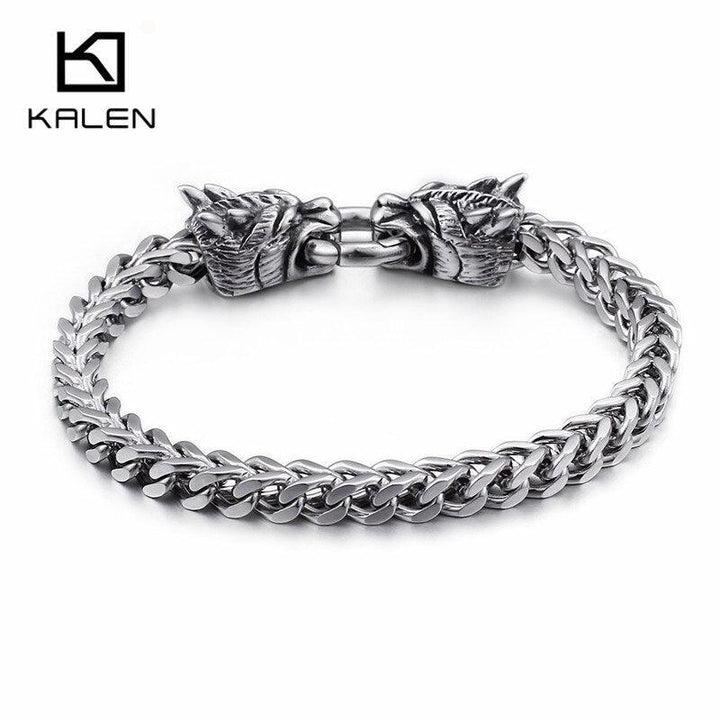 KALEN 22.5cm Domineering Animal Dragon Heads Charm Bracelets For Men Punk Stainless Steel 6mm Link Chain Wrap Bracelet Jewelry.