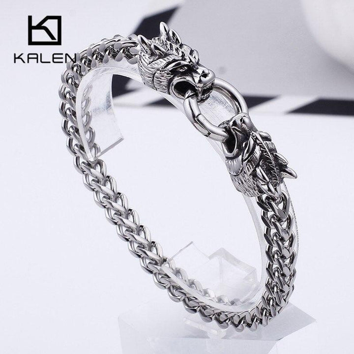 KALEN 22.5cm Domineering Animal Dragon Heads Charm Bracelets For Men Punk Stainless Steel 6mm Link Chain Wrap Bracelet Jewelry.