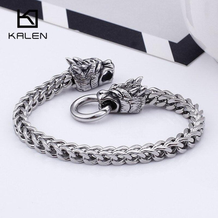 KALEN 22.5cm Domineering Animal Dragon Heads Charm Bracelets For Men Punk Stainless Steel 6mm Link Chain Wrap Bracelet Jewelry.