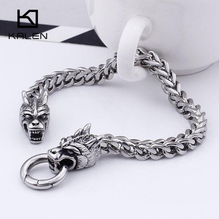 KALEN 22.5cm Domineering Animal Dragon Heads Charm Bracelets For Men Punk Stainless Steel 6mm Link Chain Wrap Bracelet Jewelry.