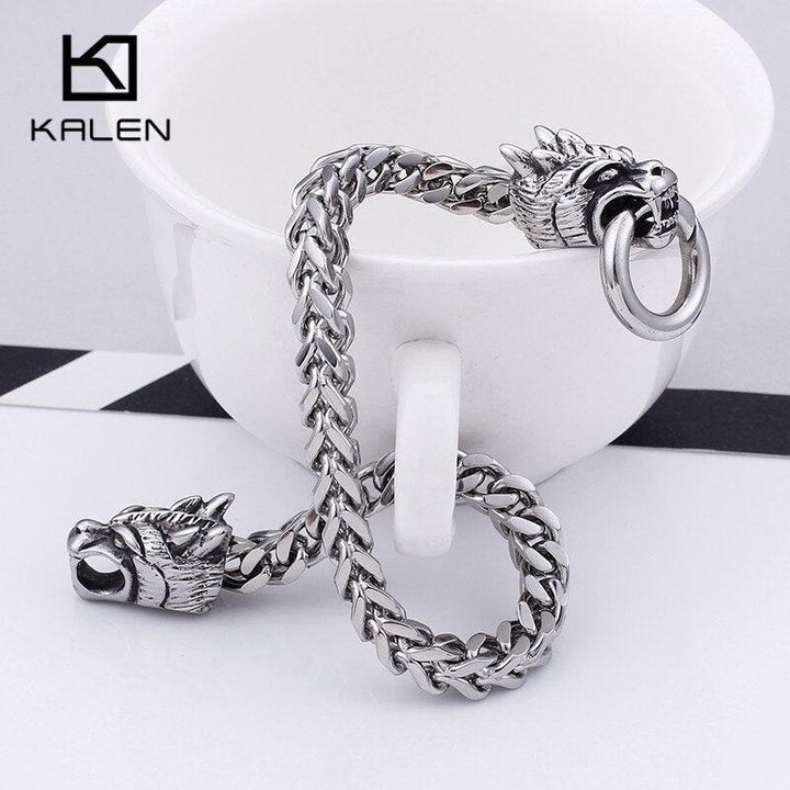 KALEN 22.5cm Domineering Animal Dragon Heads Charm Bracelets For Men Punk Stainless Steel 6mm Link Chain Wrap Bracelet Jewelry.