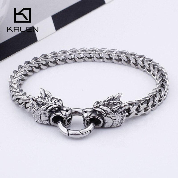 KALEN 22.5cm Domineering Animal Dragon Heads Charm Bracelets For Men Punk Stainless Steel 6mm Link Chain Wrap Bracelet Jewelry.