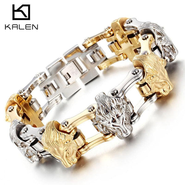 Kalen 22mm Biker Stainless Steel Bicycle Chain Lion Wolf Animal Charm Bracelet for Men - kalen