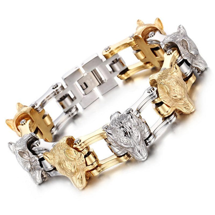 Kalen 22mm Biker Stainless Steel Bicycle Chain Lion Wolf Animal Charm Bracelet for Men - kalen