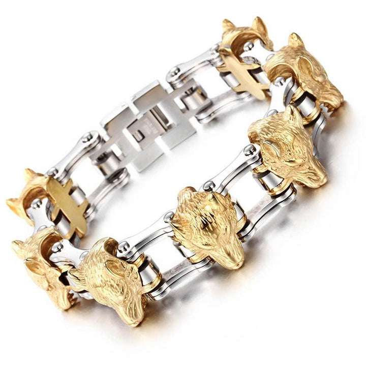 Kalen 22mm Biker Stainless Steel Bicycle Chain Lion Wolf Animal Charm Bracelet for Men - kalen