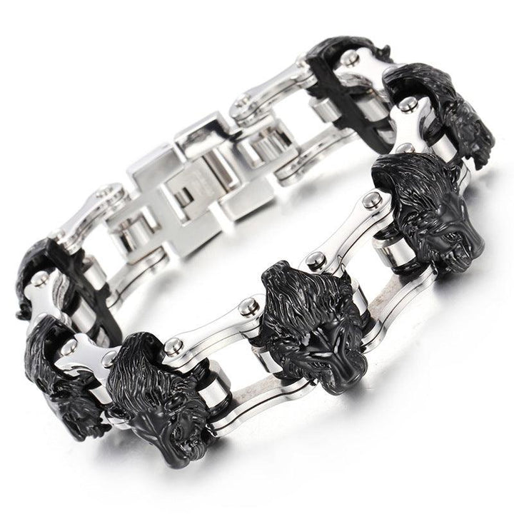 Kalen 22mm Biker Stainless Steel Bicycle Chain Lion Wolf Animal Charm Bracelet for Men - kalen