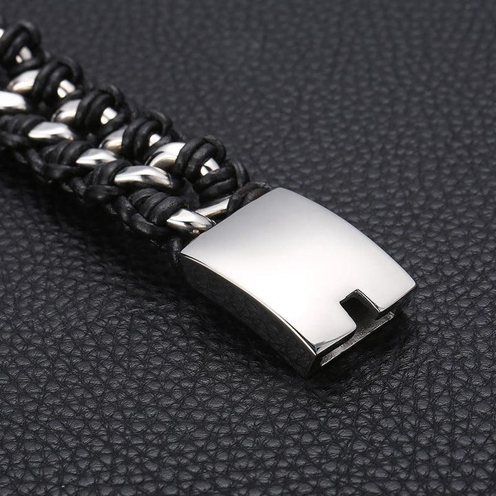 Kalen 22mm Leather Cuban Chain Stainless Steel Bracelet For Men - kalen