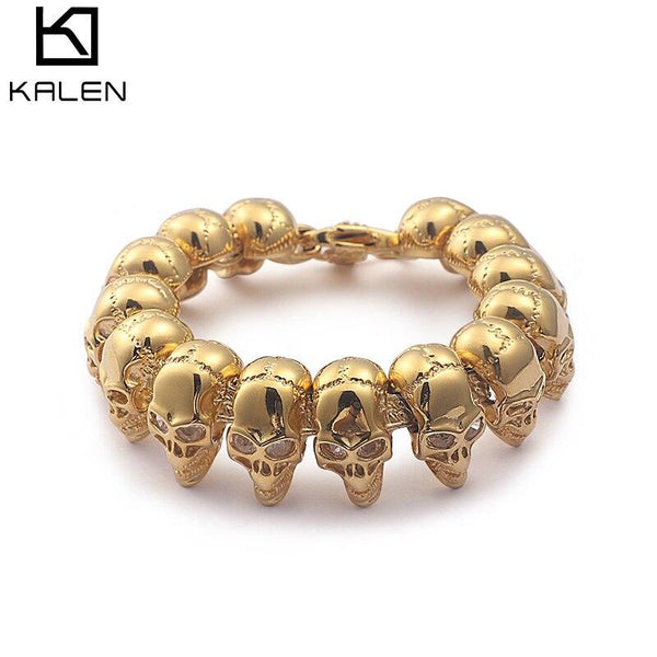 KALEN Golden Skull Bracelet Men Stainless Steel 316L Hip Jewelry.