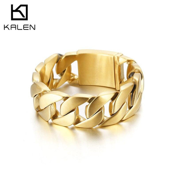 Kalen 24mm Wide Gold Color Brushed Stainless Steel Men's Bracelet Punk Charm Jewelry Cuban Chain.
