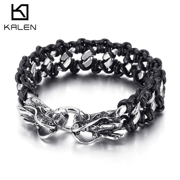 Kalen 24mm Wide Animal Braided Bracelet Stainless Steel Leather Punk Bracelets Jewelry.