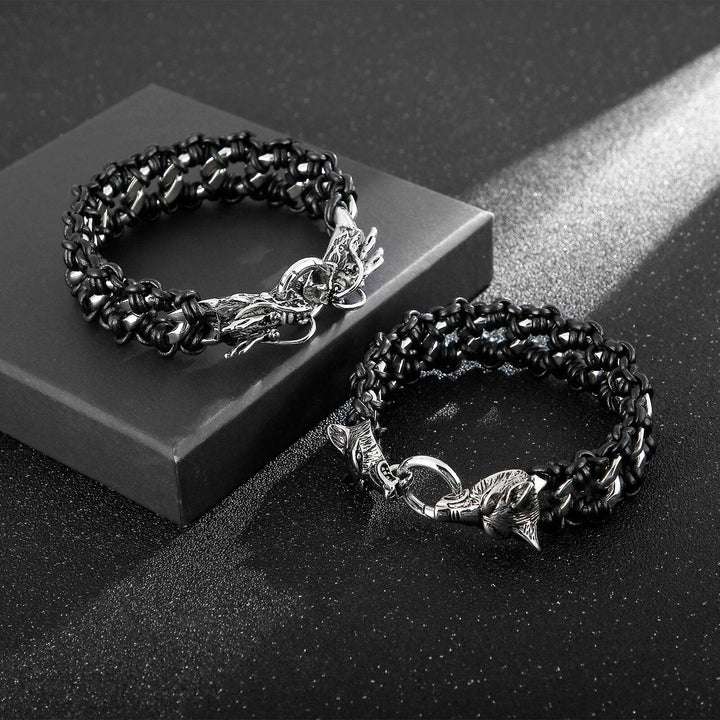 Kalen 24mm Wide Animal Braided Bracelet Stainless Steel Leather Punk Bracelets Jewelry.