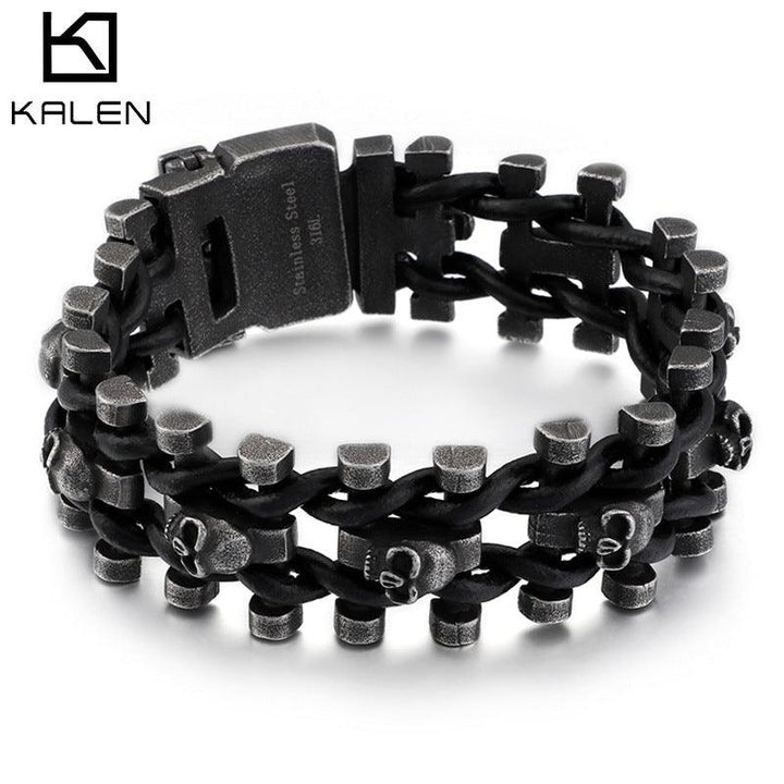 KALEN 25mm Punk Leather & Stainless Steel Skull Charm Bracelets For Men - kalen