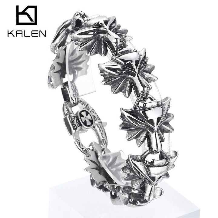 KALEN 25mm Viking Wolf Bracelet Men Stainless Steel 316L Charm Fashion Party Jewelry.