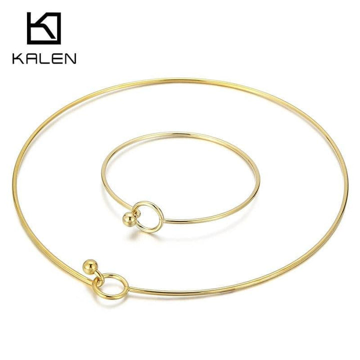 KALEN 304 Stainless Steel Collar Choker Necklace Bangle Set Gold/Silver Colors Round With Removable Ball End Cap Jewelry Set.